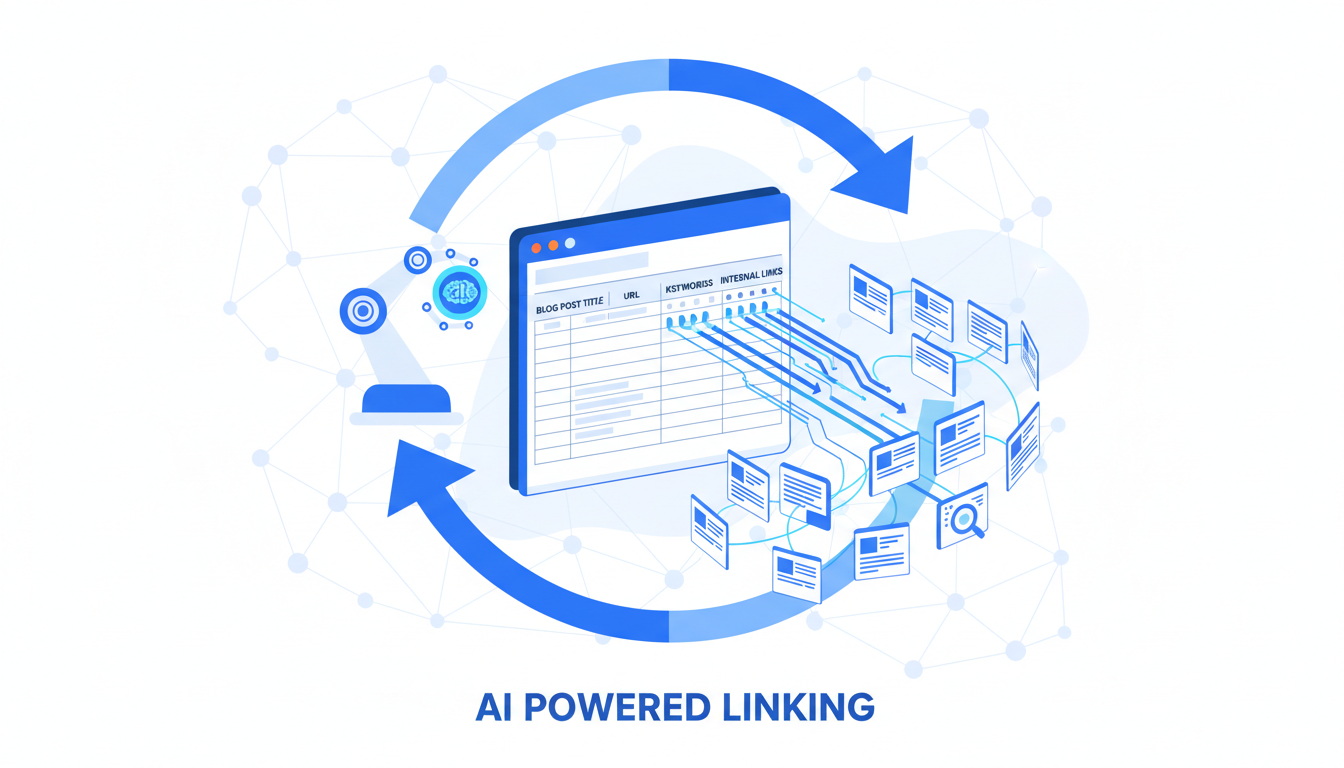 A detailed stylized illustration, predominantly in shades of blue and white, depicting AI POWERED LINKING for automating internal links. At the center is a spreadsheet-like interface, likely representing Google Sheets, with columns for BLOG POST TITLE, URL, Keywords, and Internal Links. Lines and arrows extend from the Internal Links column to multiple smaller, simplified representations of web pages or blog posts arranged in a semi-circle. These connections conceptually illustrate internal linking. A large, curved blue arrow forms a cycle around the central elements, with a brain icon symbolizing AI connected by lines to a magnifying glass icon, further indicating AI's role in processing and identifying links. The background is a faint, technical-looking network of interconnected dots and lines. The overall impression is a modern, efficient, and automated system.