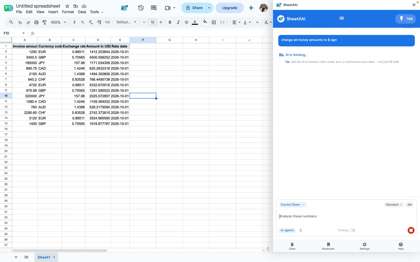 Example conversion output with exchange rates, USD amounts, and the historical rate date returned in the walkthrough.