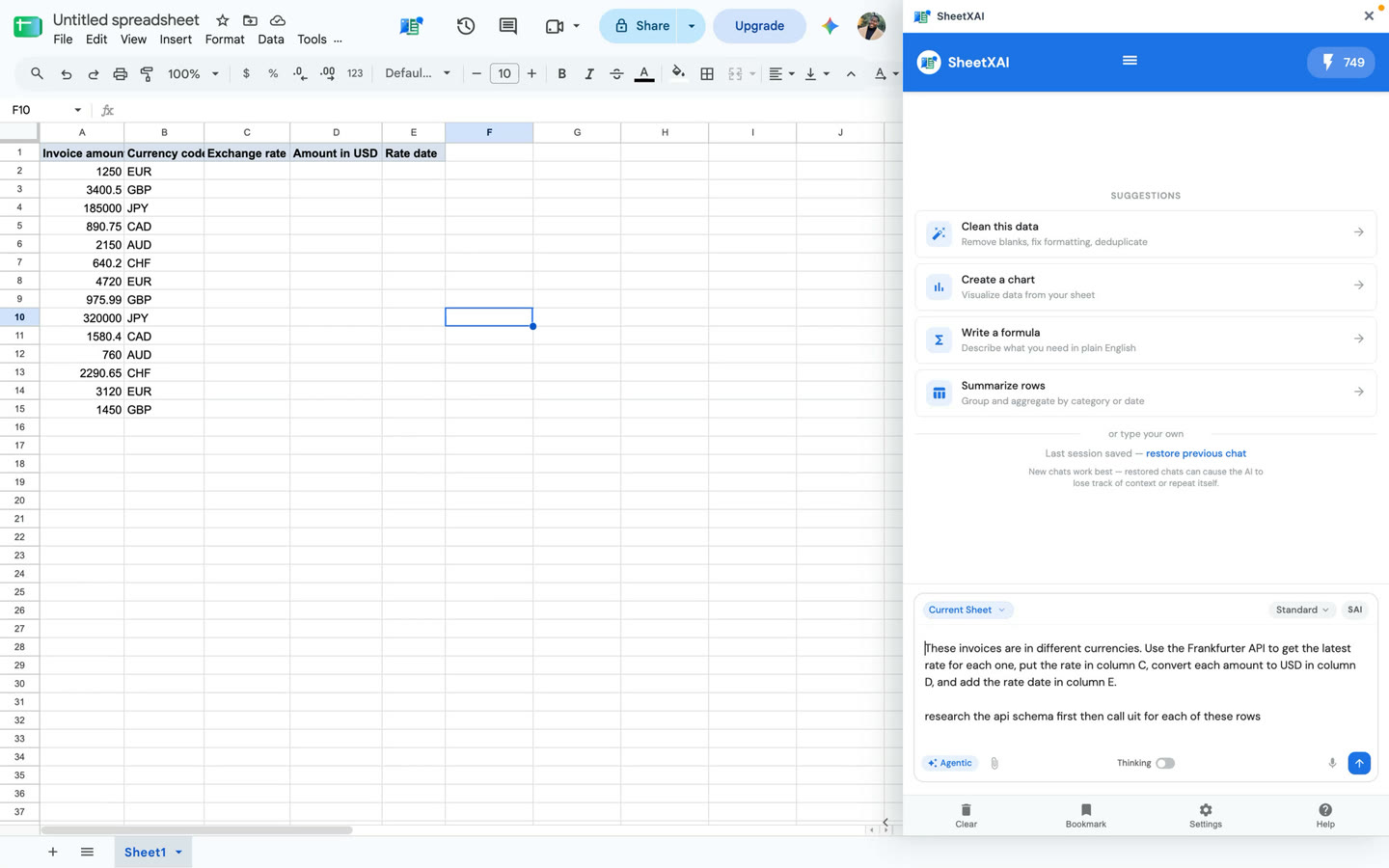Invoice rows and a prompt asking SheetXAI to research the API schema and fill rate, converted amount, and rate-date columns.