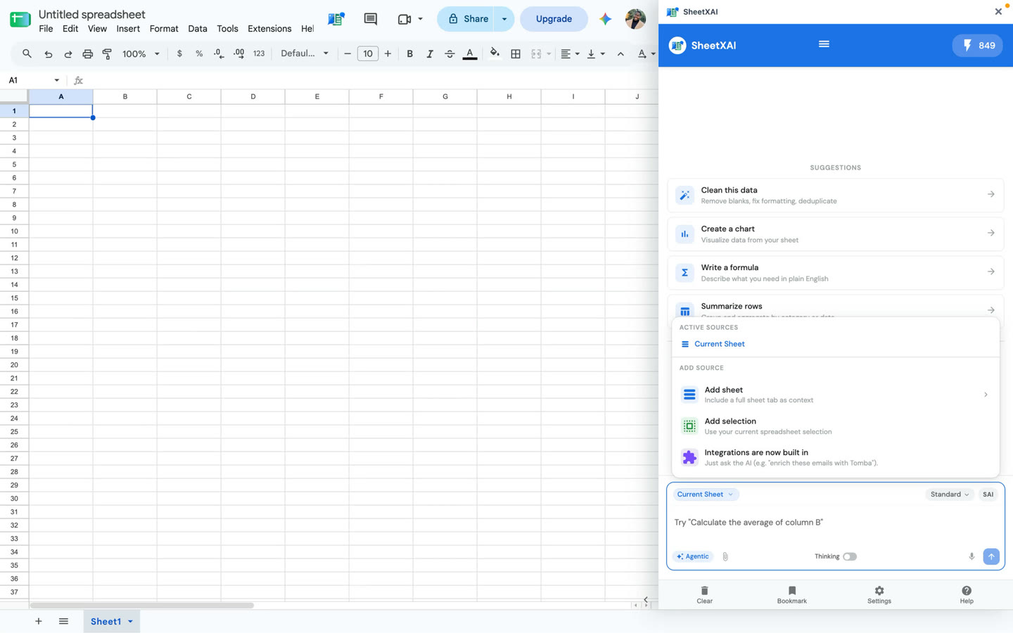The Current Sheet menu with options for adding a sheet or a selected range.