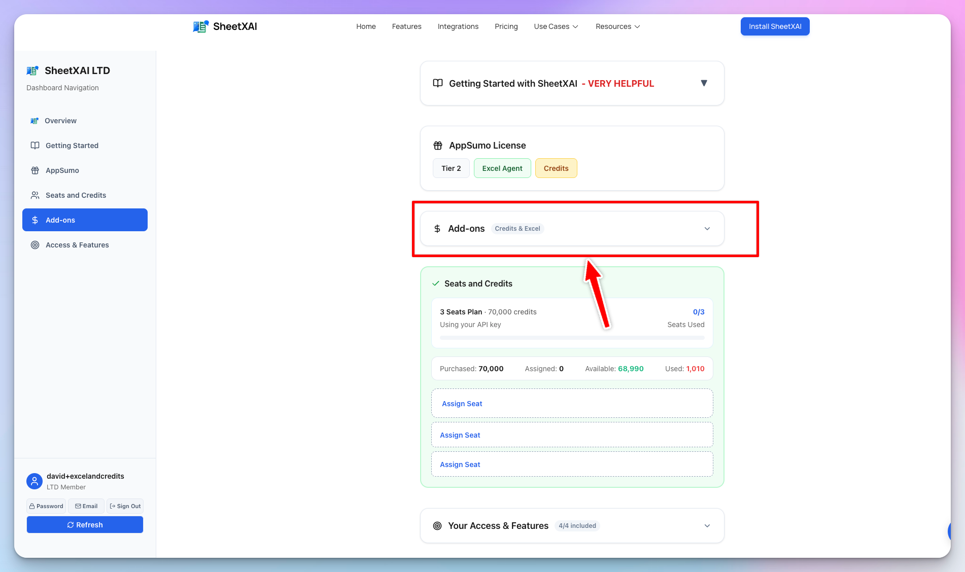 LTD Dashboard Add-ons Section