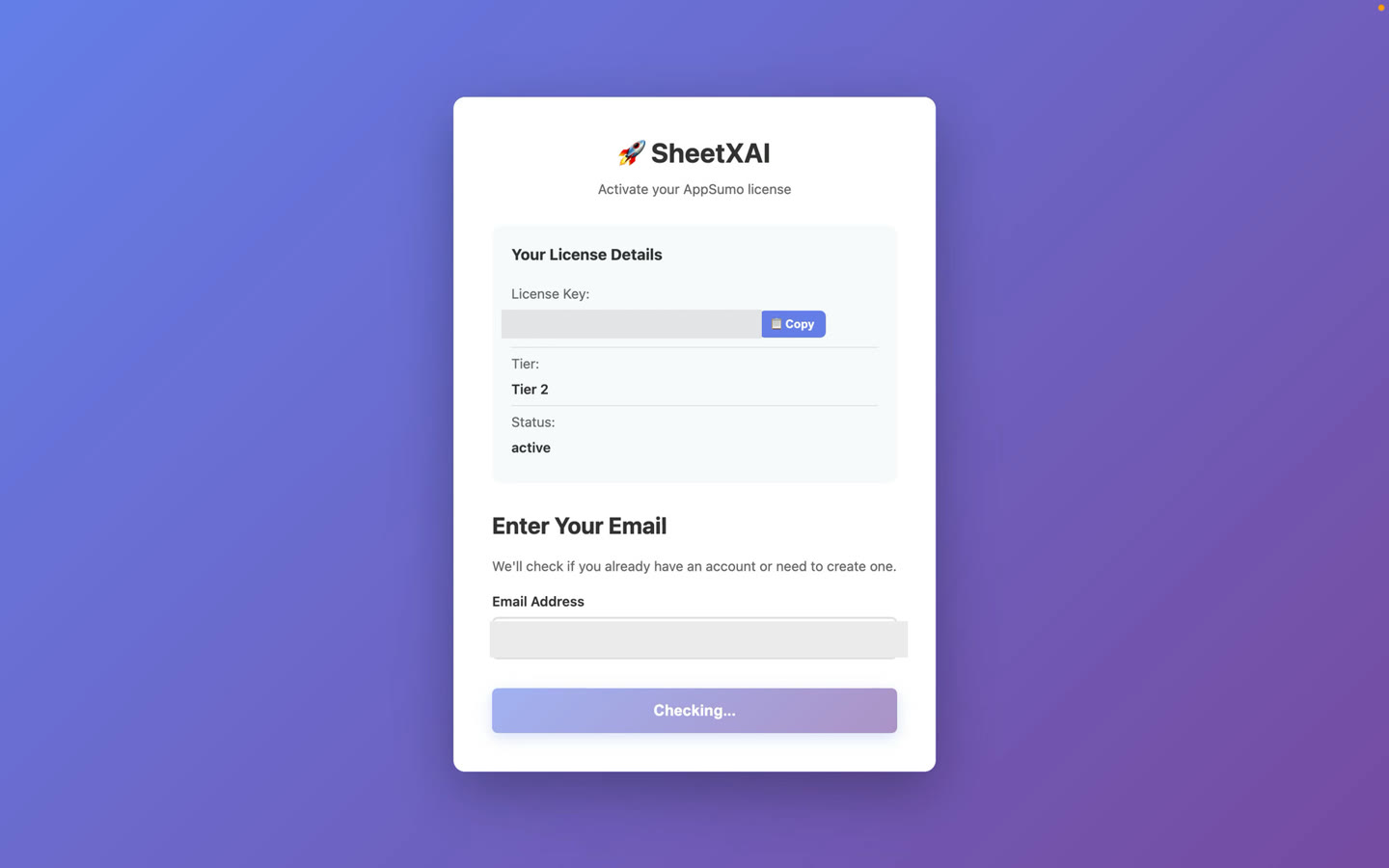 AppSumo license activation and SheetXAI account form, with the license key and email masked.