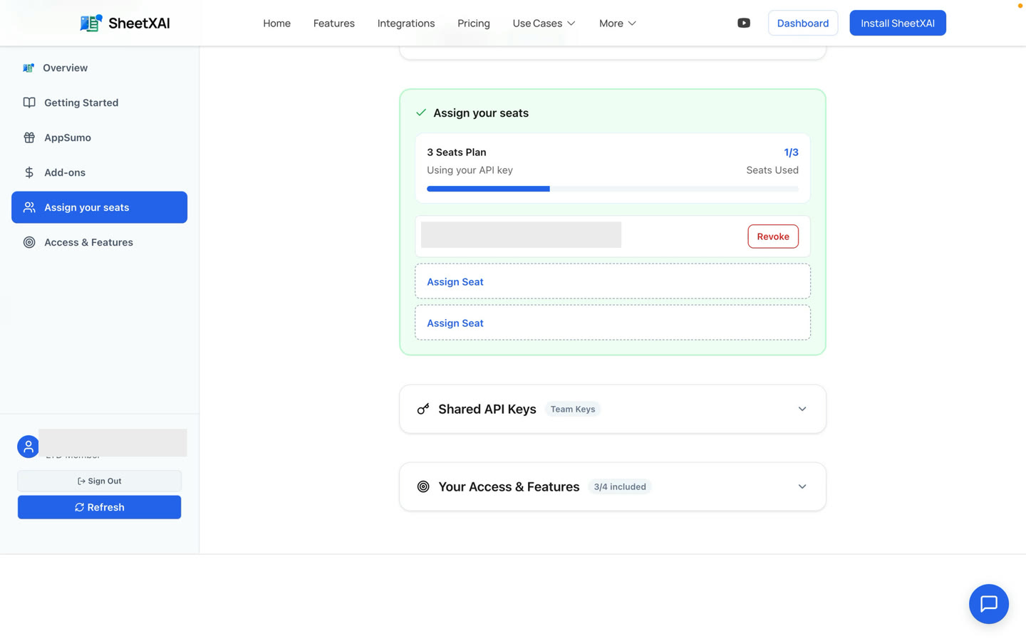 The LTD Manager seat assignment screen; the account email is masked.