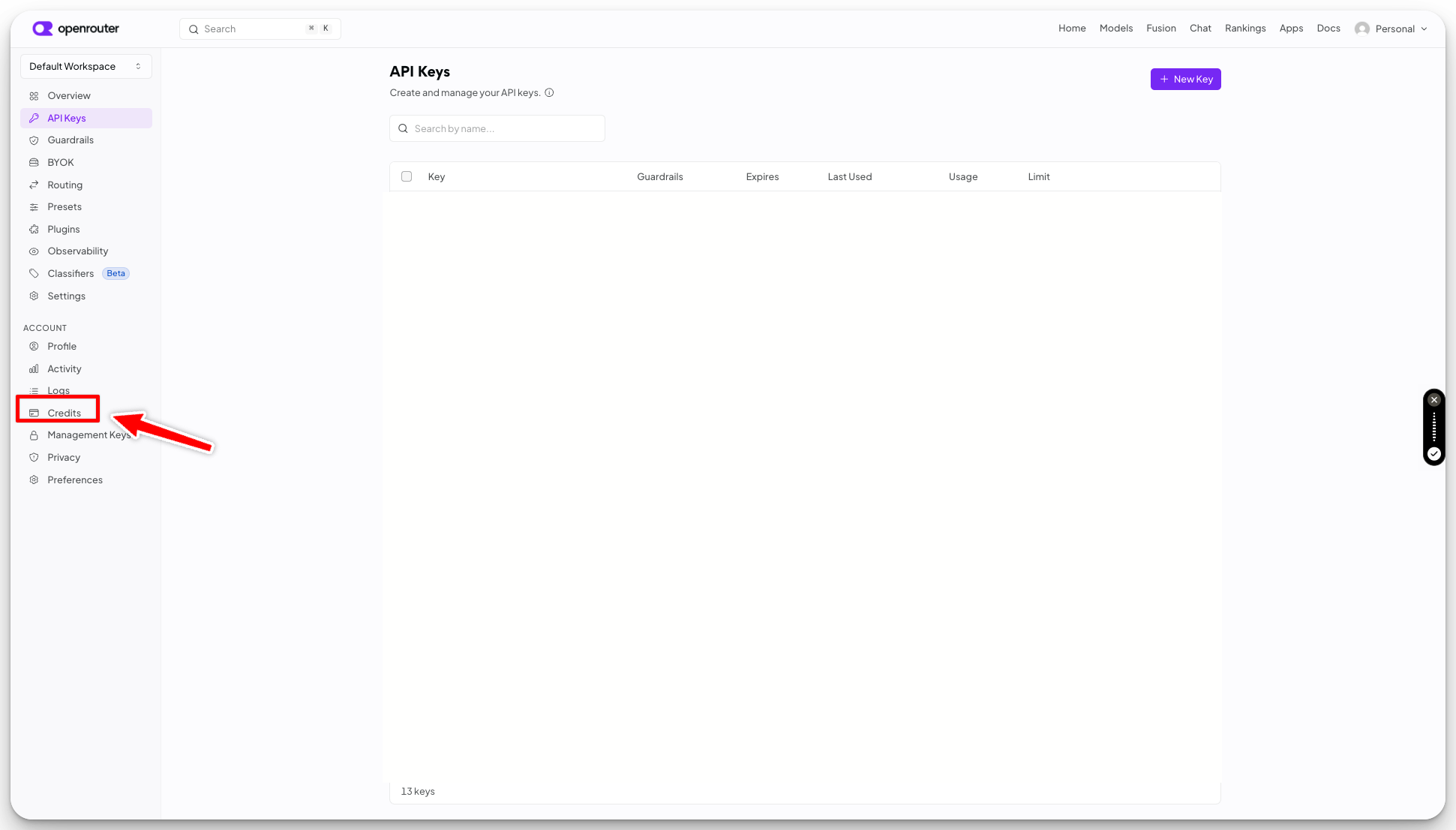 Click Credits in the left sidebar