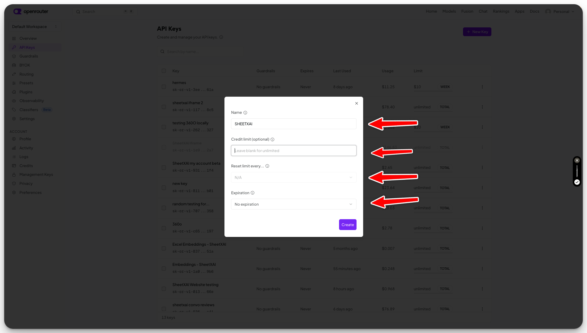 Name your key and set an optional credit limit + reset