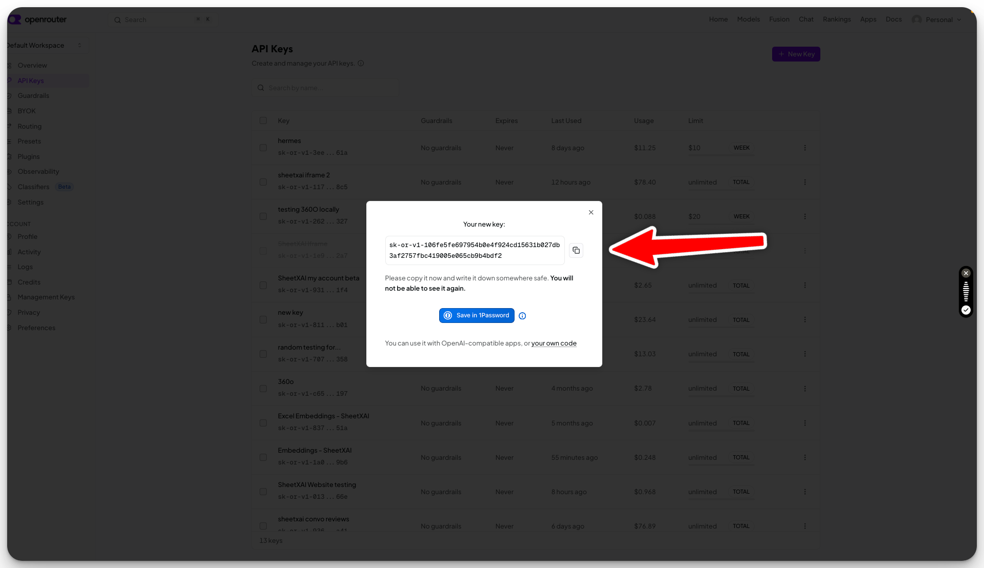 Copy your new API key