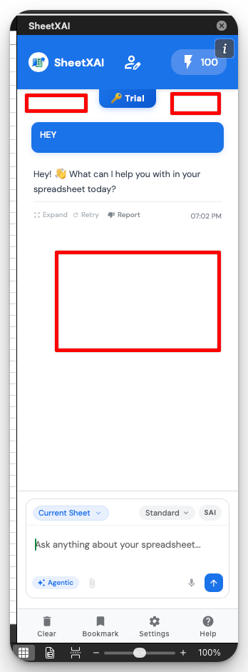 Empty areas inside the SheetXAI task pane you can right-click