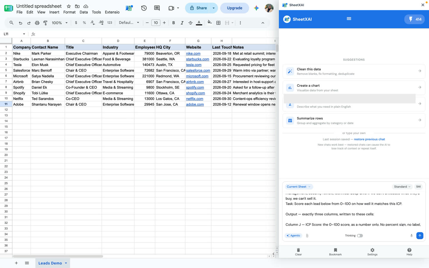 Mock lead rows and ICP criteria prompt, with output columns for score, rationale, and biggest gap.