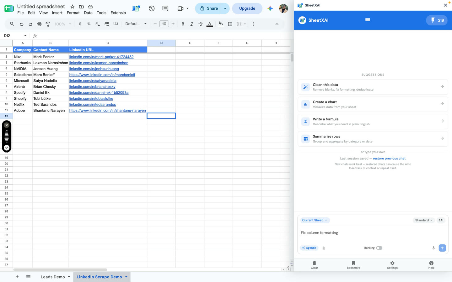Company and contact names with LinkedIn profile URLs ready for summary output.