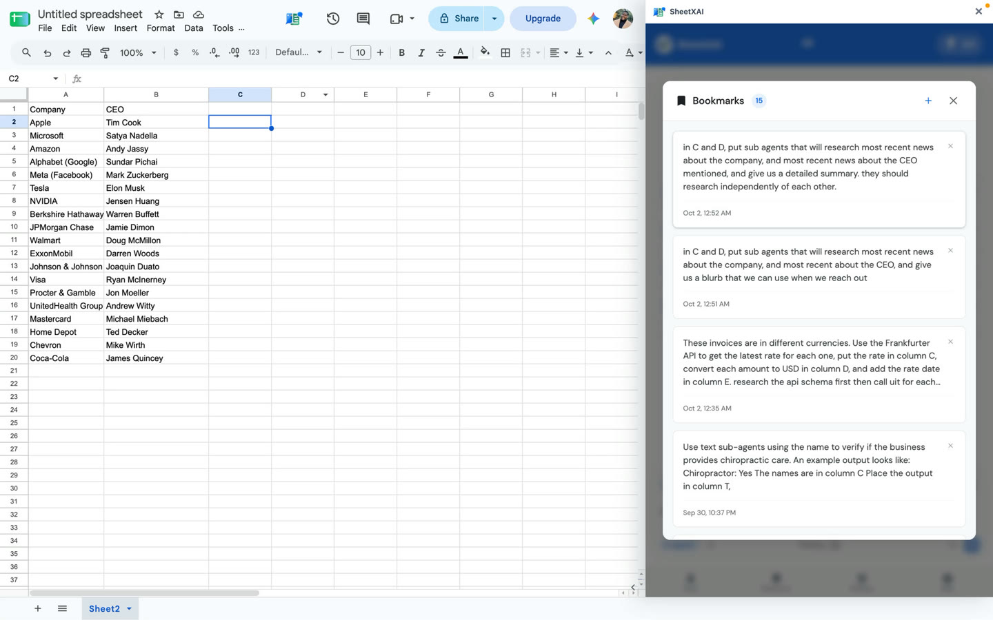 Company and CEO inputs with the research prompt and separate summary output columns.